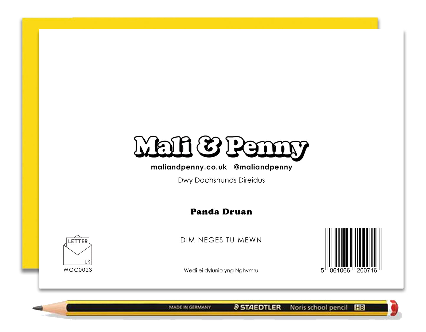 The back of a Welsh get well soon card featuring dachshunds, Mali & Penny.  This Get Well Soon card shows them dressed as nurses looking after their poorly friend, Panda.  Message reads - get well soon.  Coupled with a bright, cheerful yellow envelope, with a pencil to show the scale of the card.