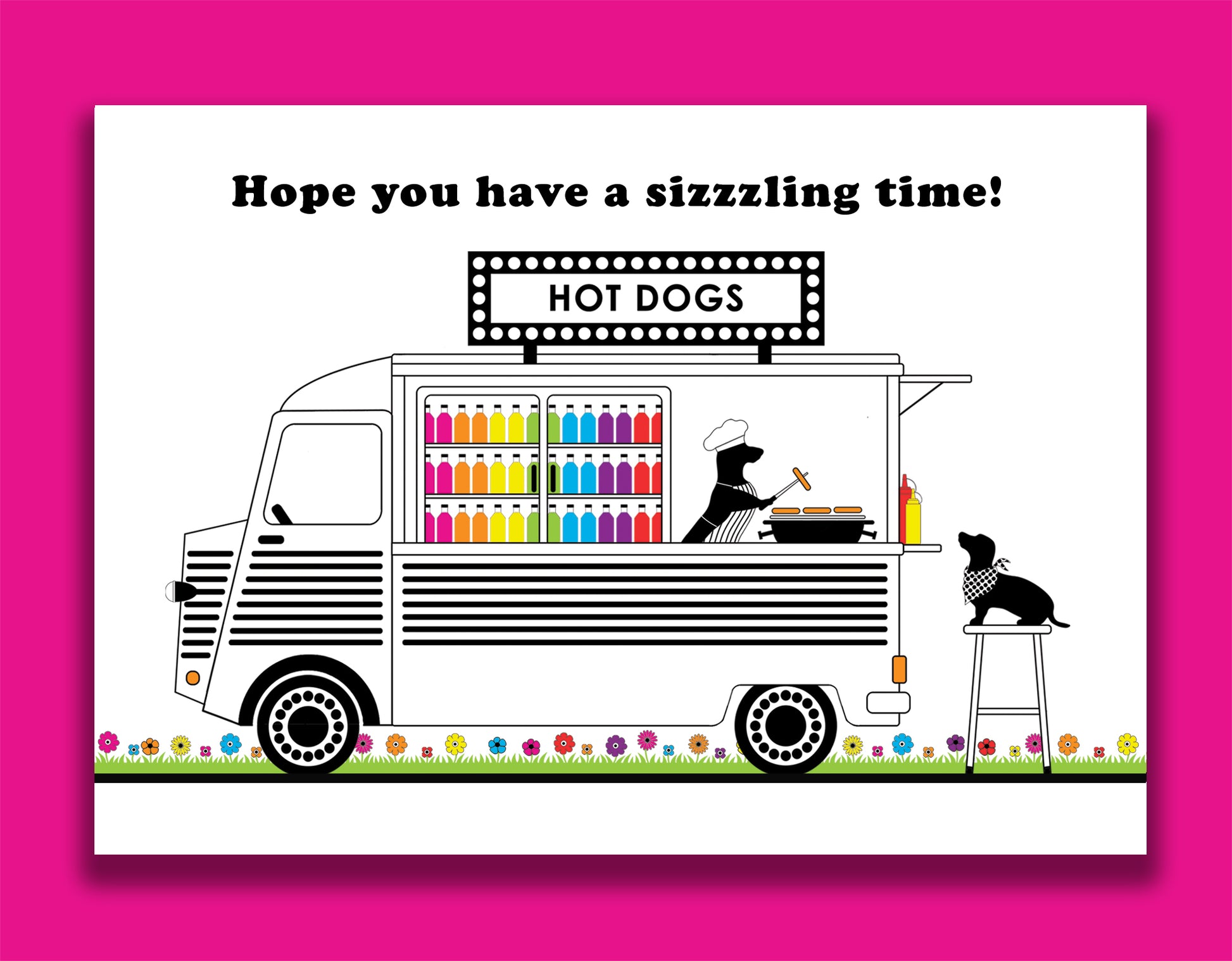 An any occasion card featuring dachshunds, Mali & Penny.  This any occasion card shows them cooking and serving hot dogs from an old converted Citroen van.  