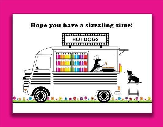 An any occasion card featuring dachshunds, Mali & Penny.  This any occasion card shows them cooking and serving hot dogs from an old converted Citroen van.  