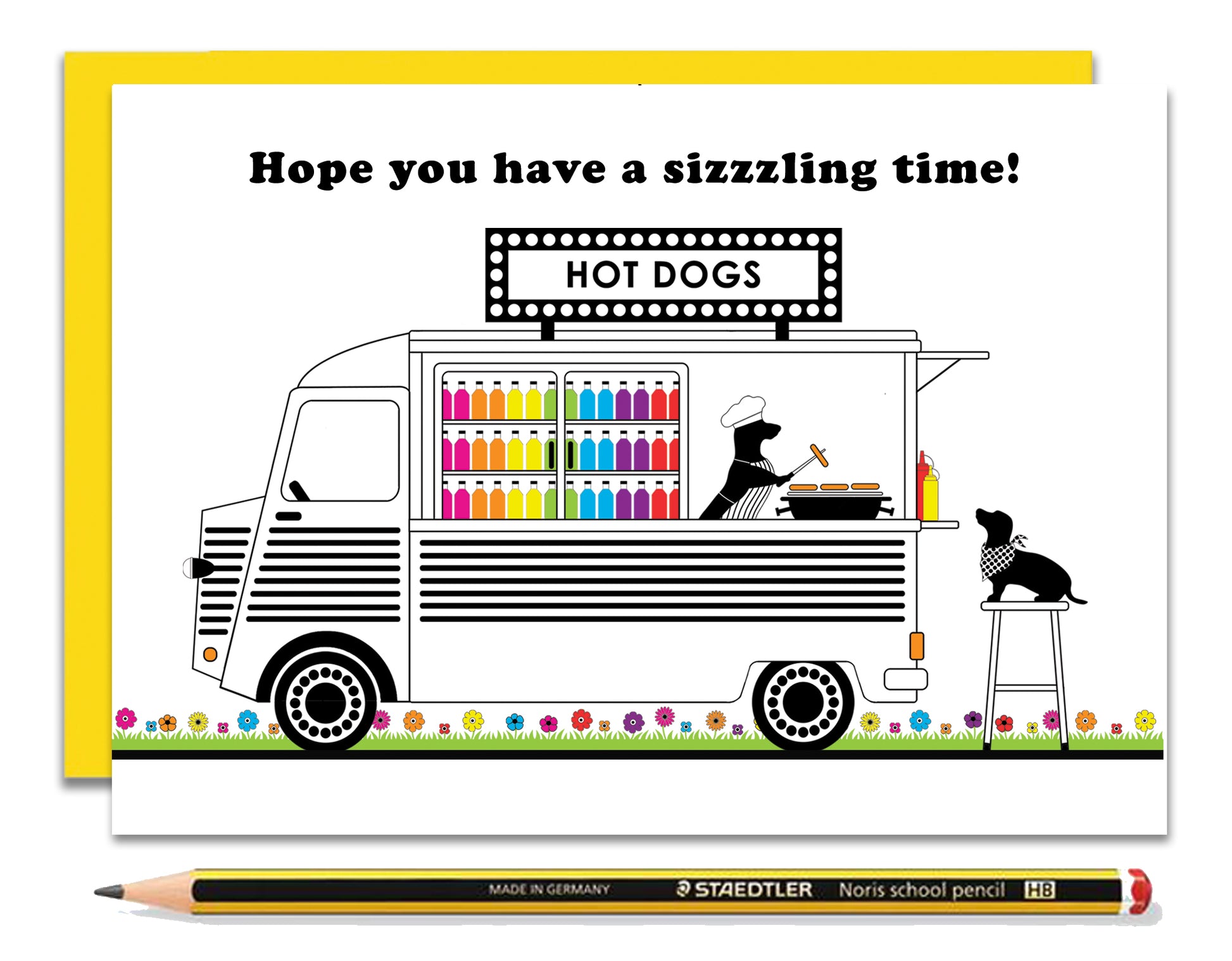 An any occasion card featuring dachshunds, Mali & Penny.  This any occasion card shows them cooking and serving hot dogs from an old converted Citroen van.  Coupled with a bright, cheerful yellow envelope, with a pencil to show the scale of the card.