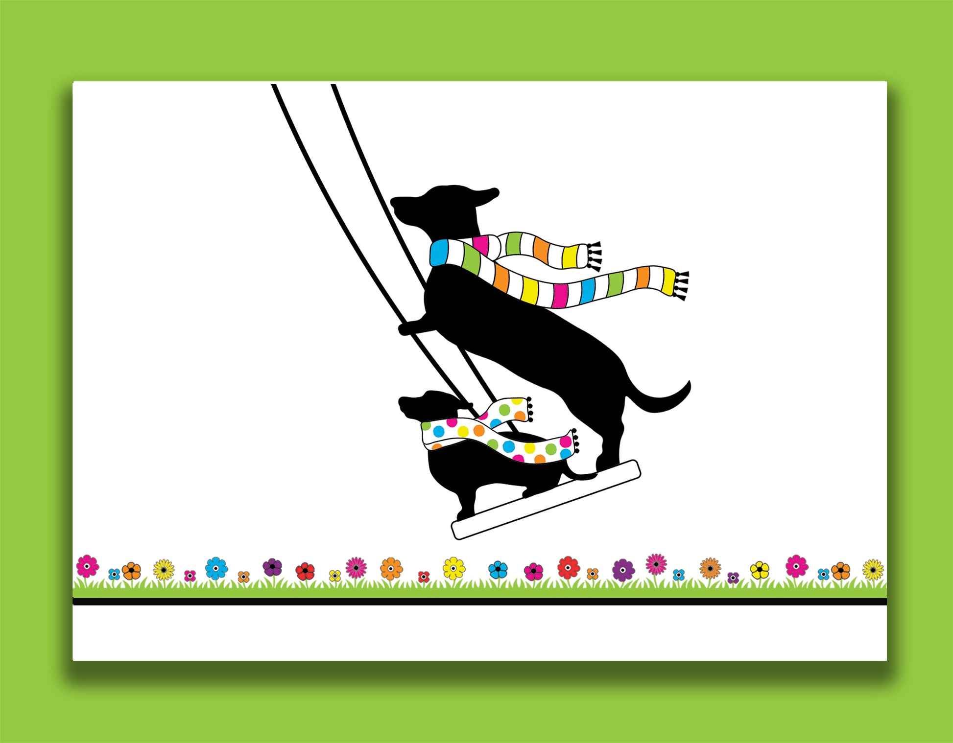An any occasion card featuring dachshunds, Mali & Penny.  This any occasion card shows them enjoying themselves on a swing together. 