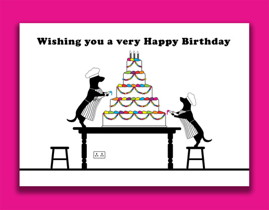 A fun dachshund birthday card featuring dachshunds, Mali & Penny decorating a massive birthday cake.