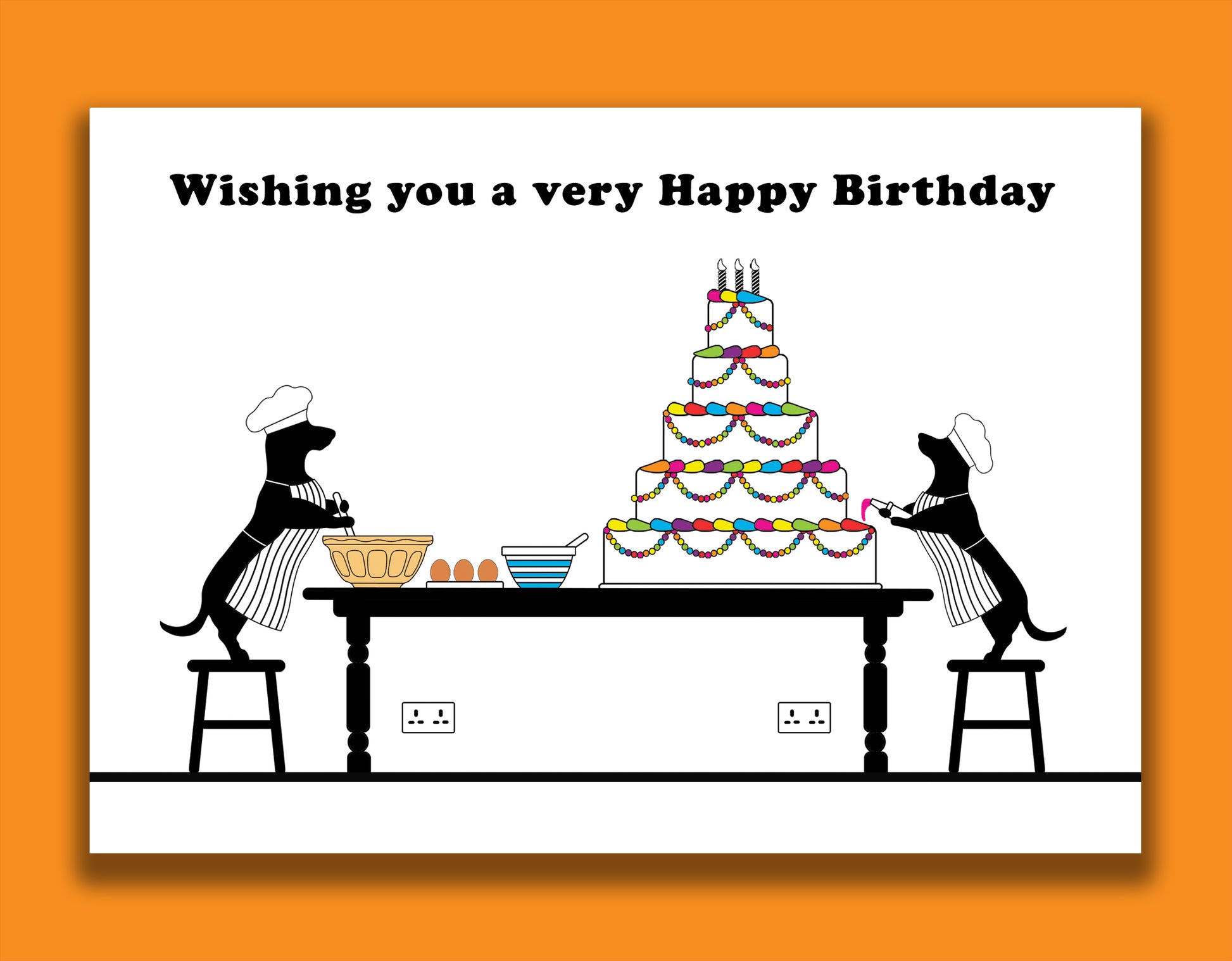 A fun dachshund birthday card featuring dachshunds, Mali & Penny baking and decorating a massive birthday cake. 