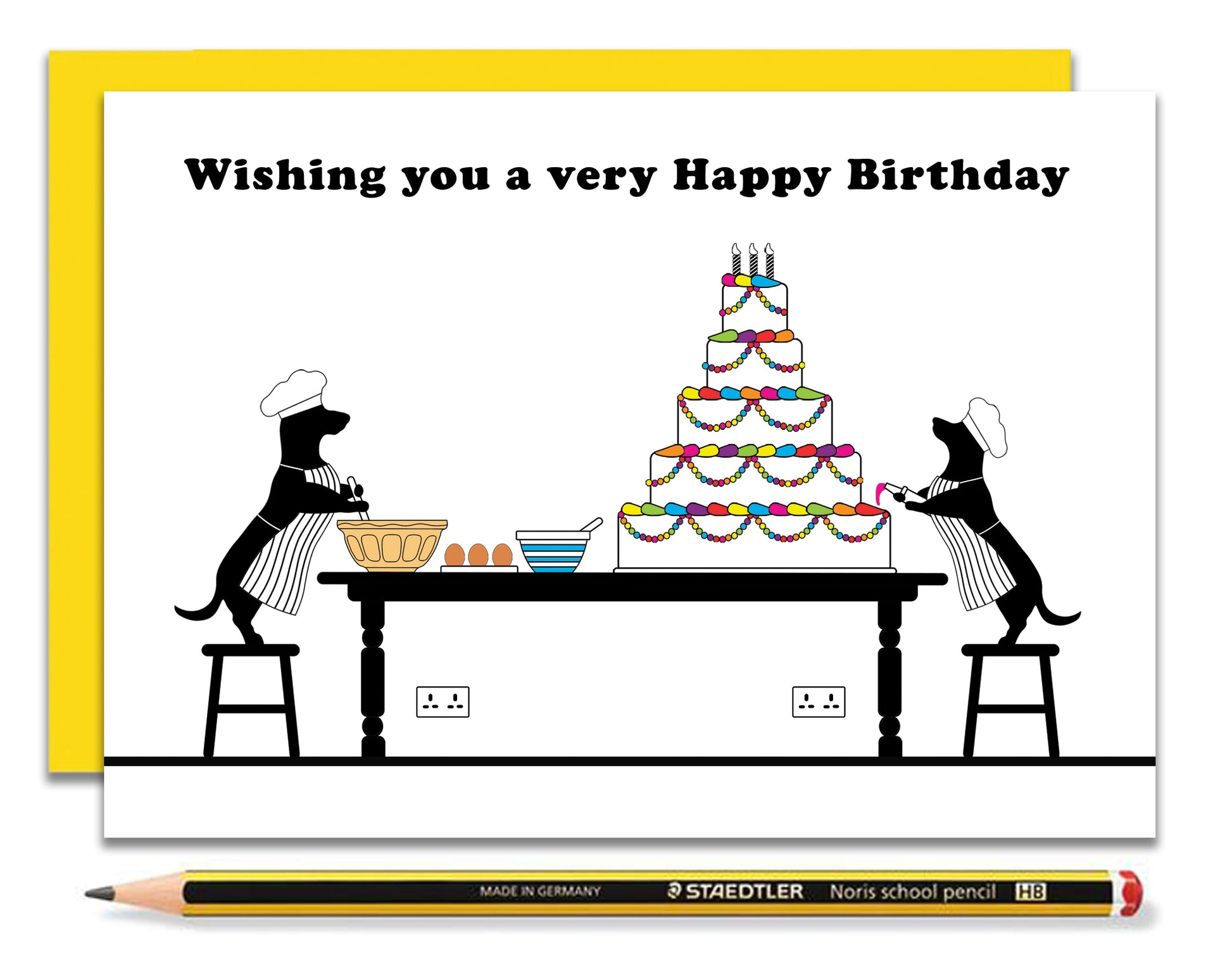 A fun dachshund birthday card featuring dachshunds, Mali & Penny baking and decorating a massive birthday cake.  Coupled with a bright, cheerful yellow envelope, with a pencil to show the scale of the card.