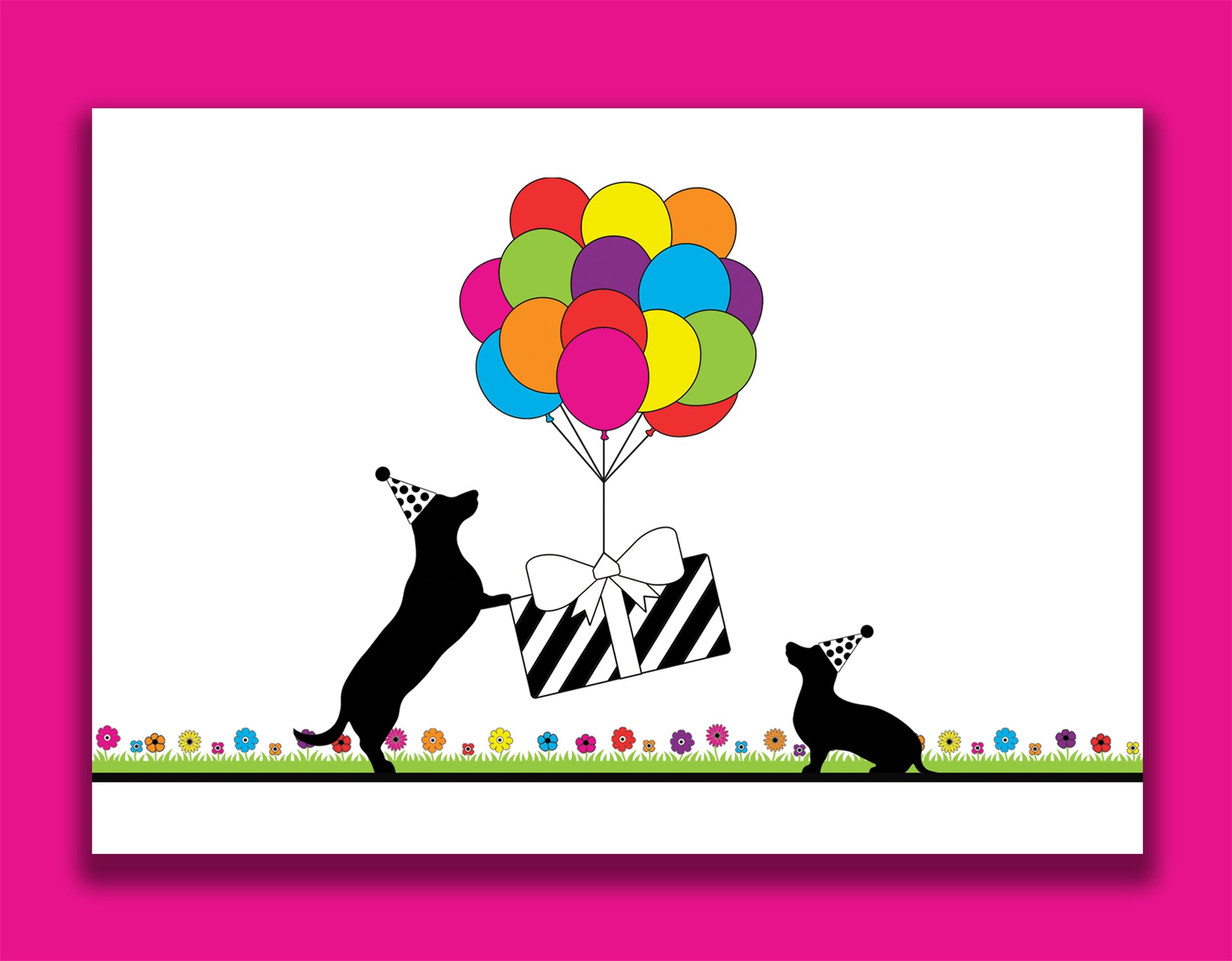 A fun dachshund birthday card featuring dachshunds, Mali & Penny.  This birthday card shows them holding down a present that's being lifted off the ground by rainbow coloured balloons.  