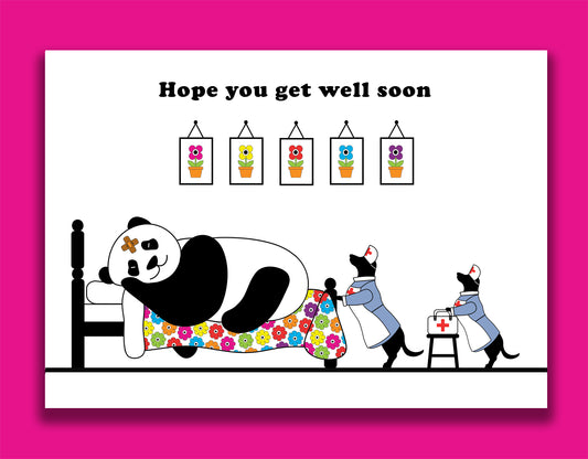 A fun new home card featuring dachshunds, Mali & Penny.  This get well soon card shows them dressed as nurses looking after their poorly friend, Panda.  