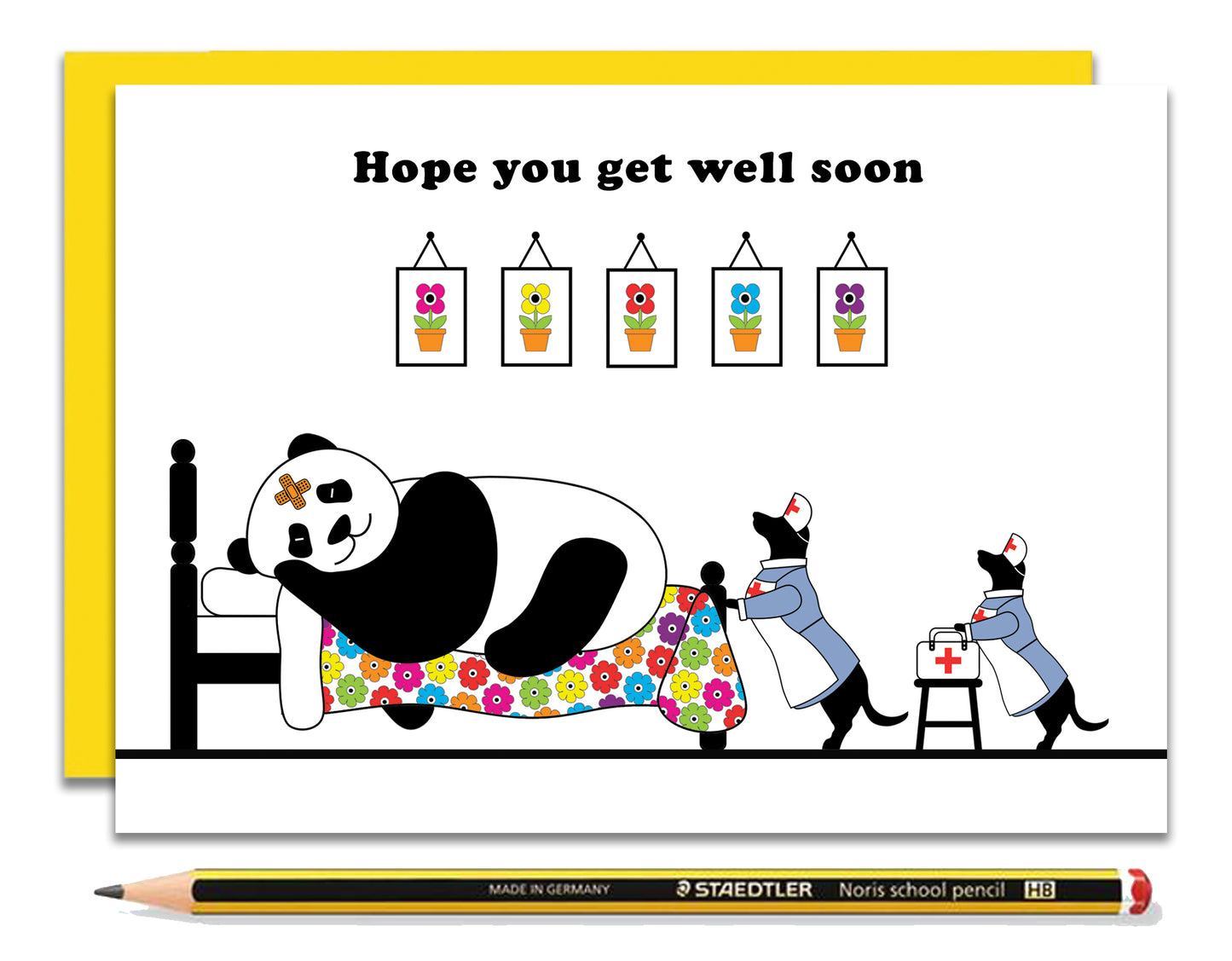 A fun new home card featuring dachshunds, Mali & Penny.  This get well soon card shows them dressed as nurses looking after their poorly friend, Panda.  Coupled with a bright, cheerful yellow envelope, with a pencil to show the scale of the card.