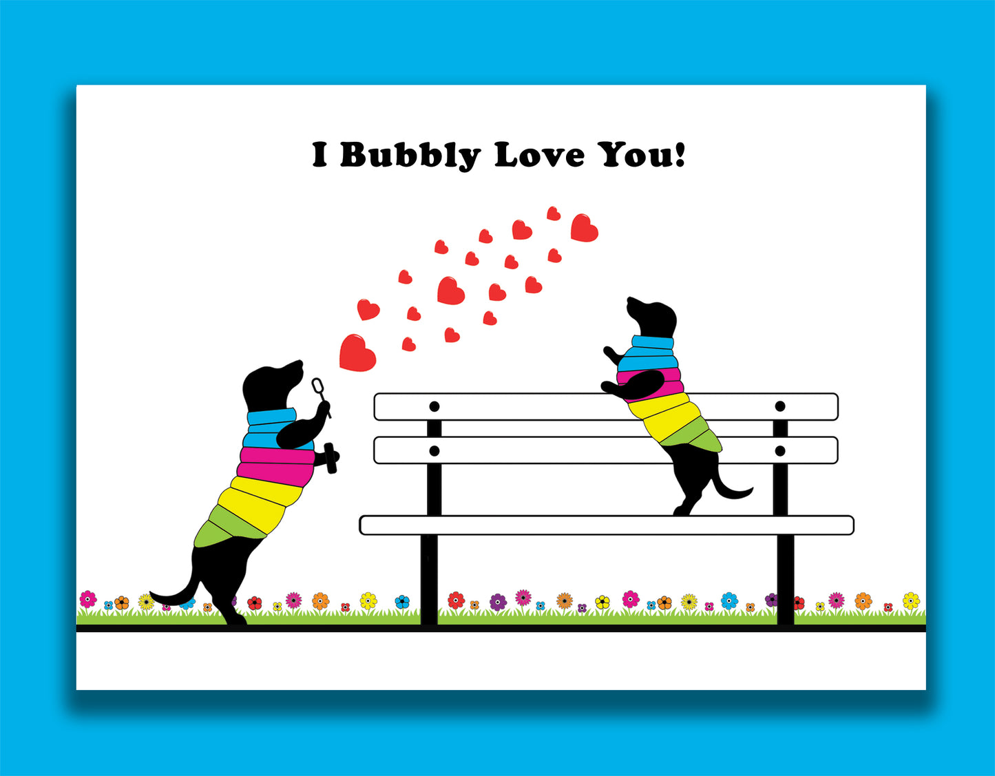 The back of a love card featuring dachshunds, Mali & Penny.  This love card shows them on a park bench blowing and catching bubbles. 