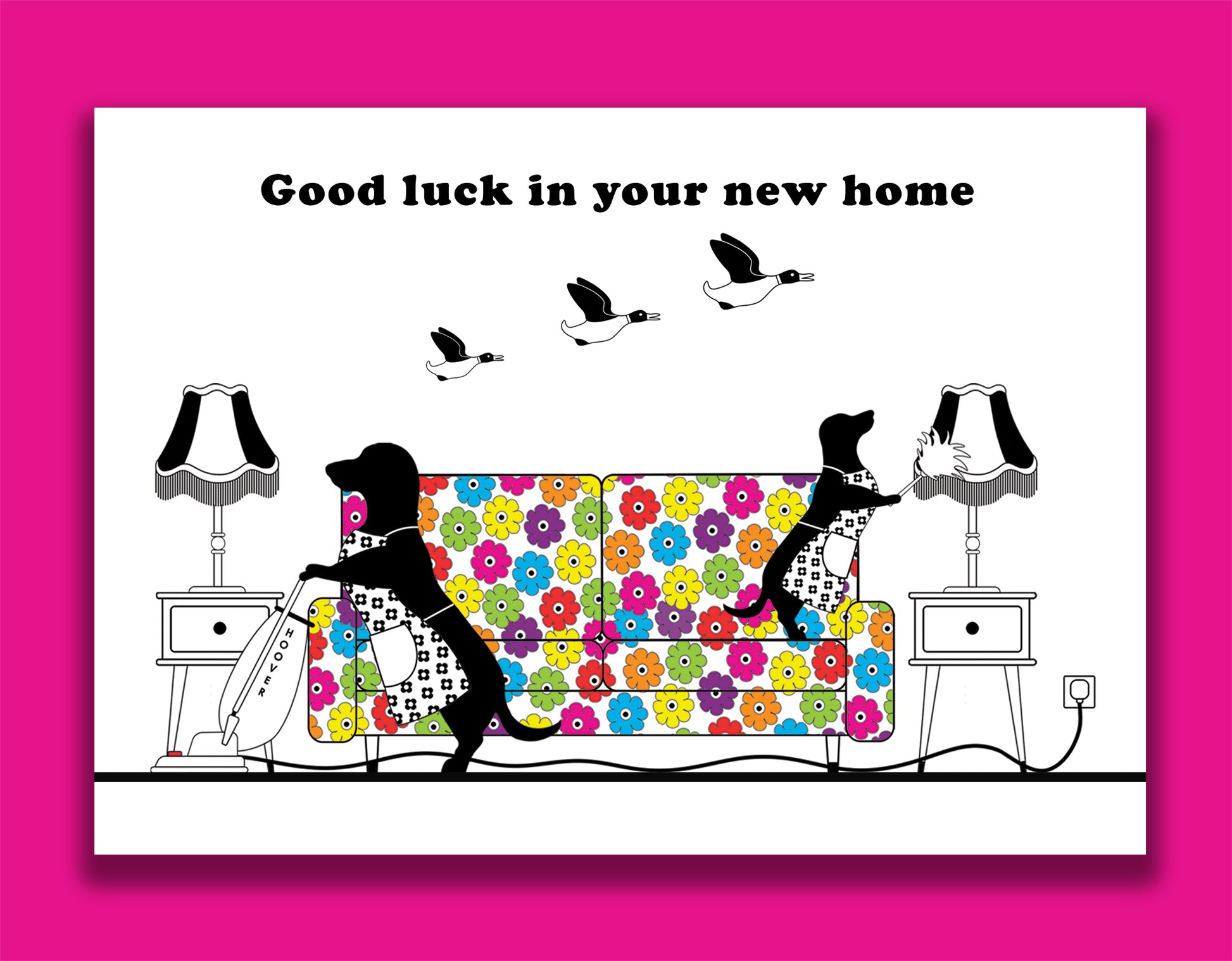 A fun new home card featuring dachshunds, Mali & Penny.  This new home card shows them busy cleaning their new home. 