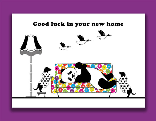 A fun new home card featuring dachshunds, Mali & Penny.  This new home card shows them chilling with their friend, Panda.  