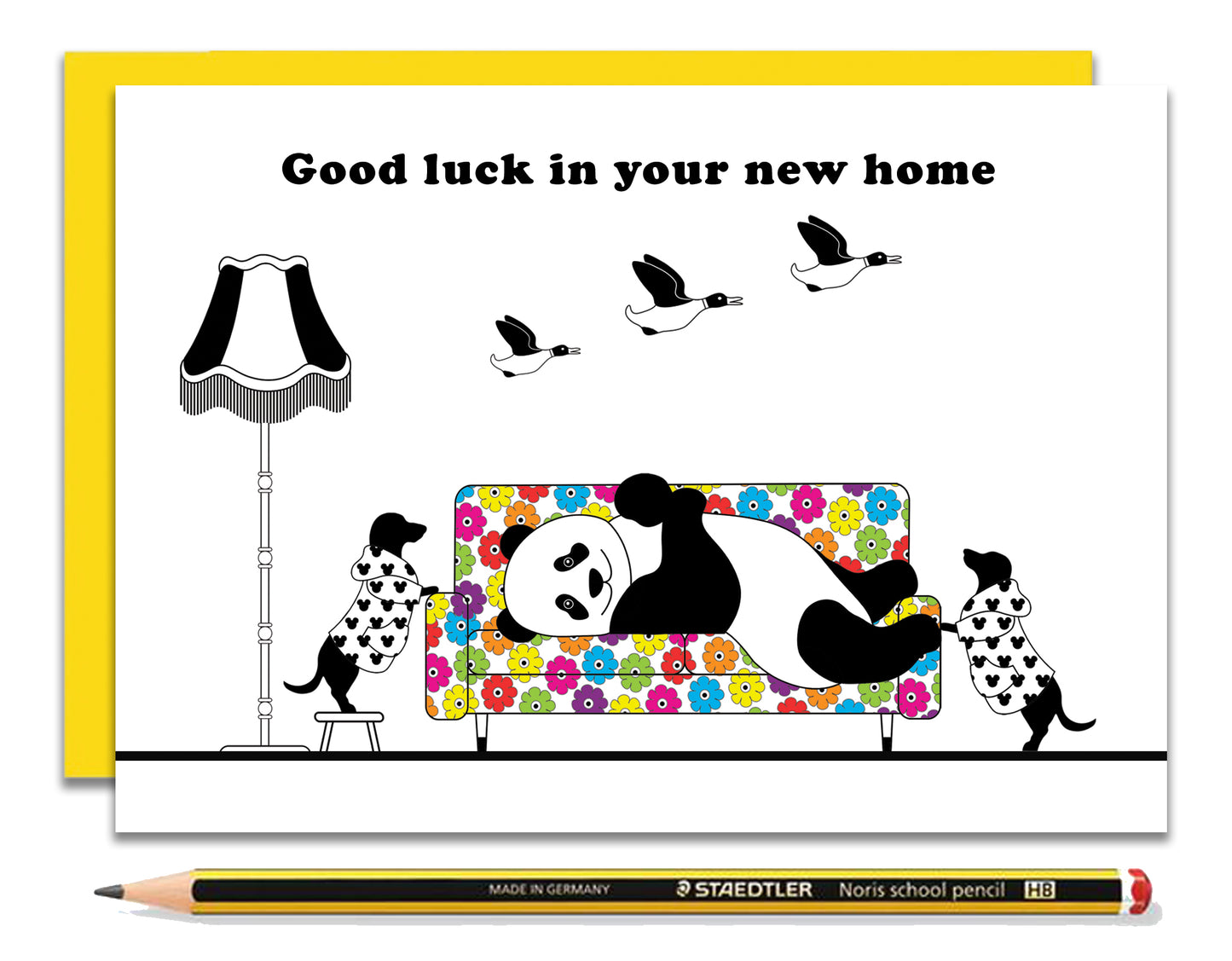 A fun new home card featuring dachshunds, Mali & Penny.  This new home card shows them chilling with their friend, Panda.  Coupled with a bright, cheerful yellow envelope, with a pencil to show the scale of the card.