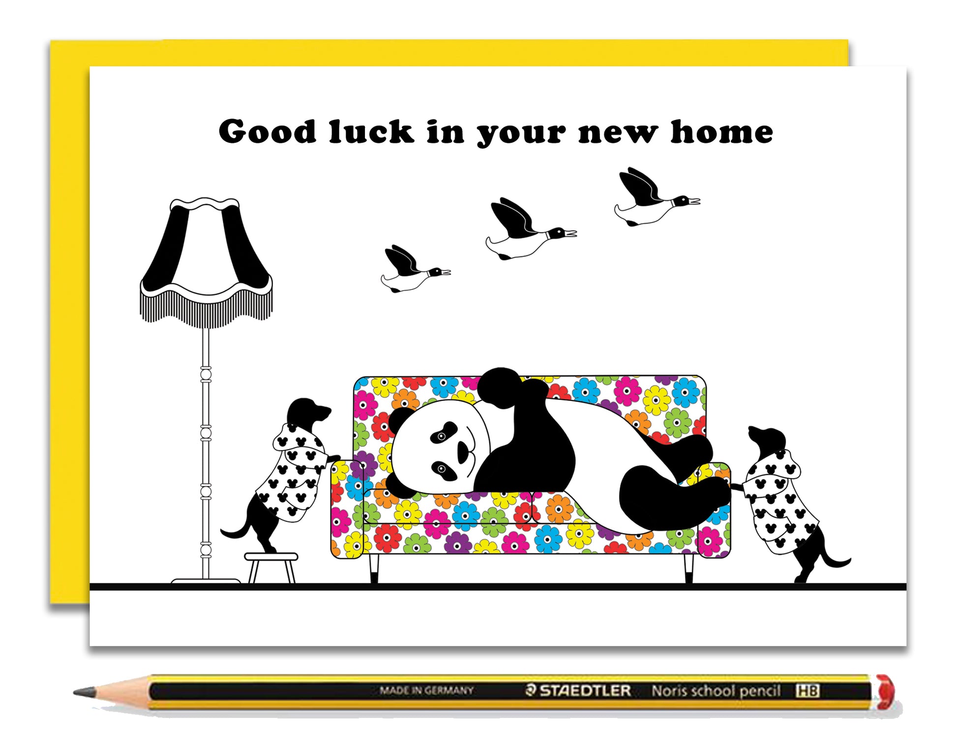 A fun new home card featuring dachshunds, Mali & Penny.  This new home card shows them chilling with their friend, Panda.  Coupled with a bright, cheerful yellow envelope, with a pencil to show the scale of the card.