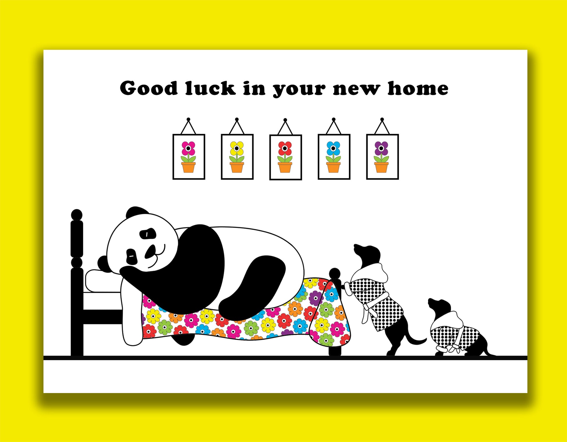 A fun new home card featuring dachshunds, Mali & Penny.  This new home card shows them in their dressing gowns peeping at their friend, Panda sleeping in bed.  