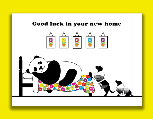 A fun new home card featuring dachshunds, Mali & Penny.  This new home card shows them in their dressing gowns peeping at their friend, Panda sleeping in bed.  