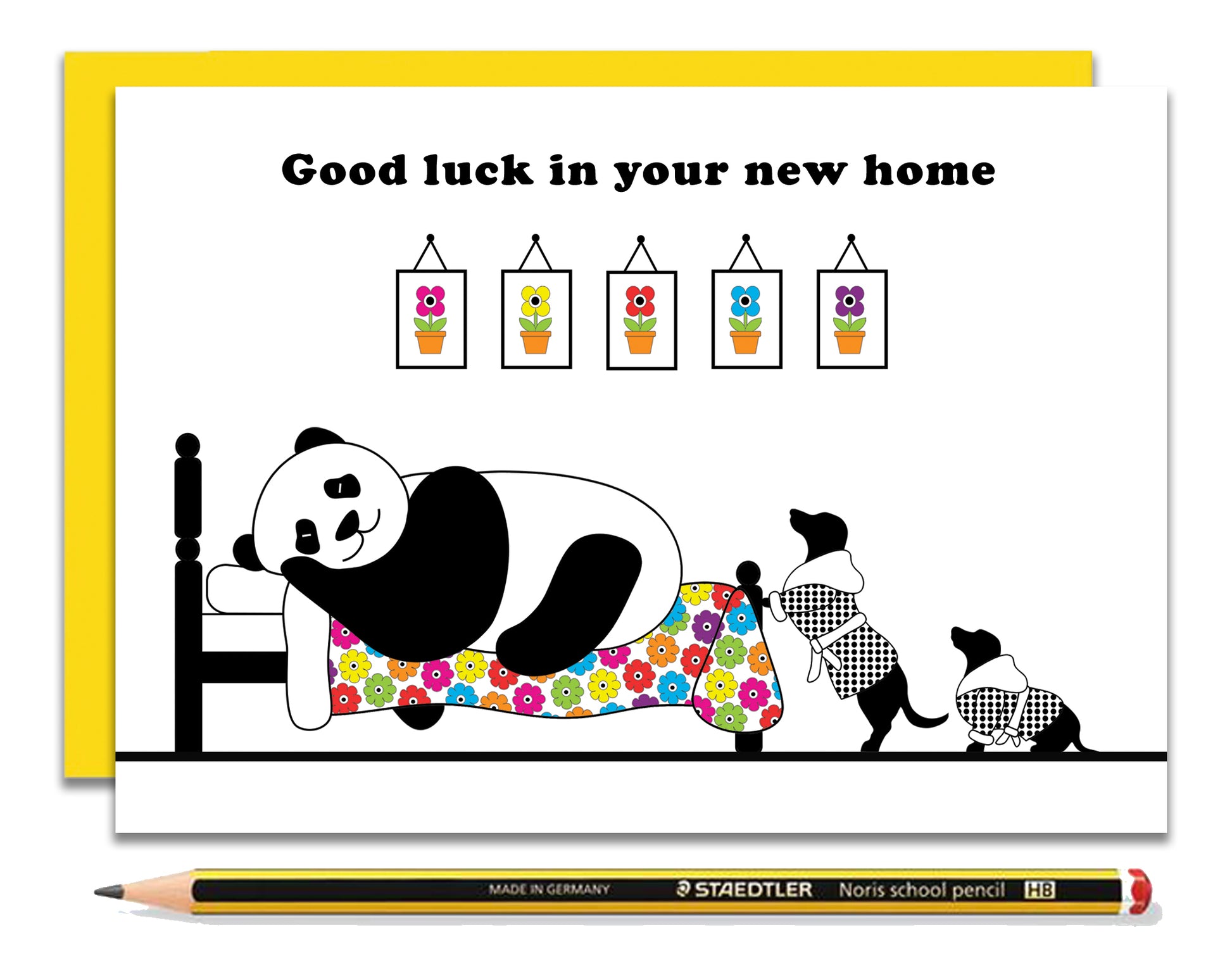 A fun new home card featuring dachshunds, Mali & Penny.  This new home card shows them in their dressing gowns peeping at their friend, Panda sleeping in bed.  Coupled with a bright, cheerful yellow envelope, with a pencil to show the scale of the card.