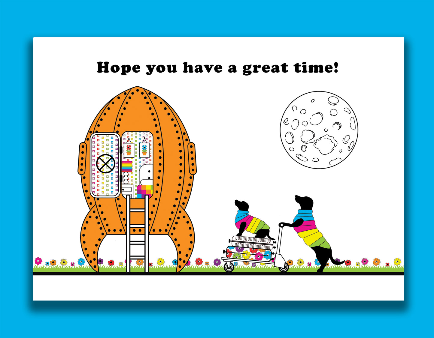 A travel card featuring dachshunds, Mali & Penny.  This travel card shows them with their cases about to board a magical rocket for a grand day out. 