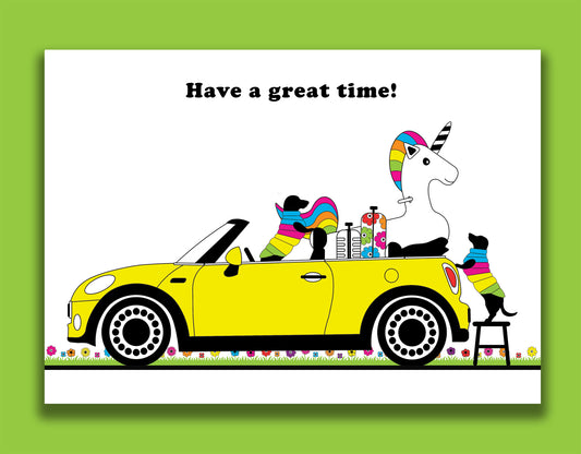 A travel card featuring dachshunds, Mali & Penny.  This travel card shows them packing their yellow little mini with their holiday cases and inflatable unicorn. 