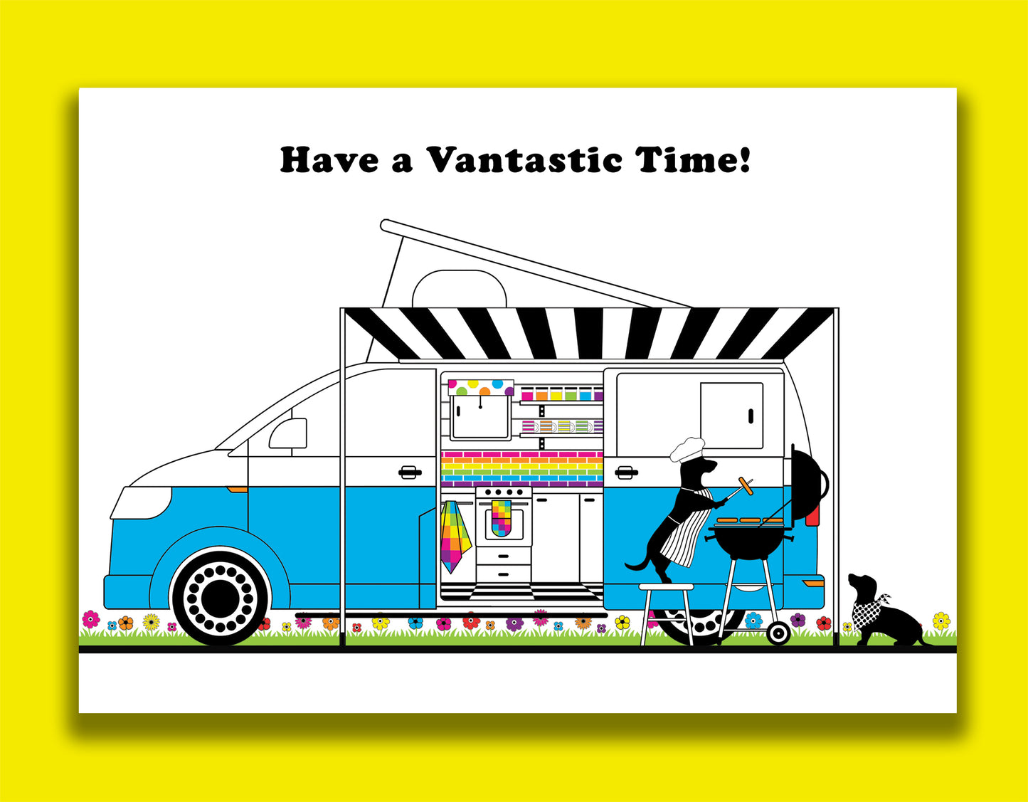 A travel card featuring dachshunds, Mali & Penny.  This travel card shows them living their best Vanlife, cooking sausages on a BBQ outside their VW campervan. 