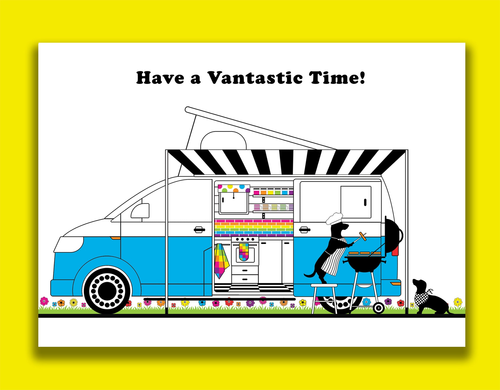 A travel card featuring dachshunds, Mali & Penny.  This travel card shows them living their best Vanlife, cooking sausages on a BBQ outside their VW campervan. 