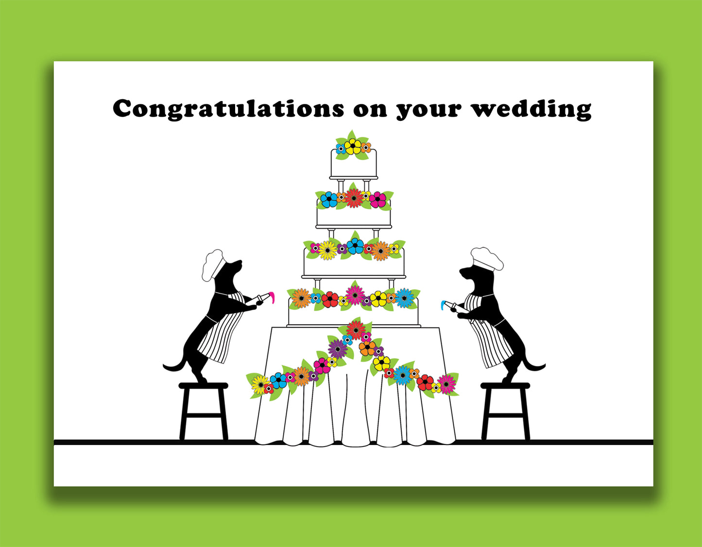 A fun new home card featuring dachshunds, Mali & Penny.  This wedding card shows them decorating a huge wedding cake.  