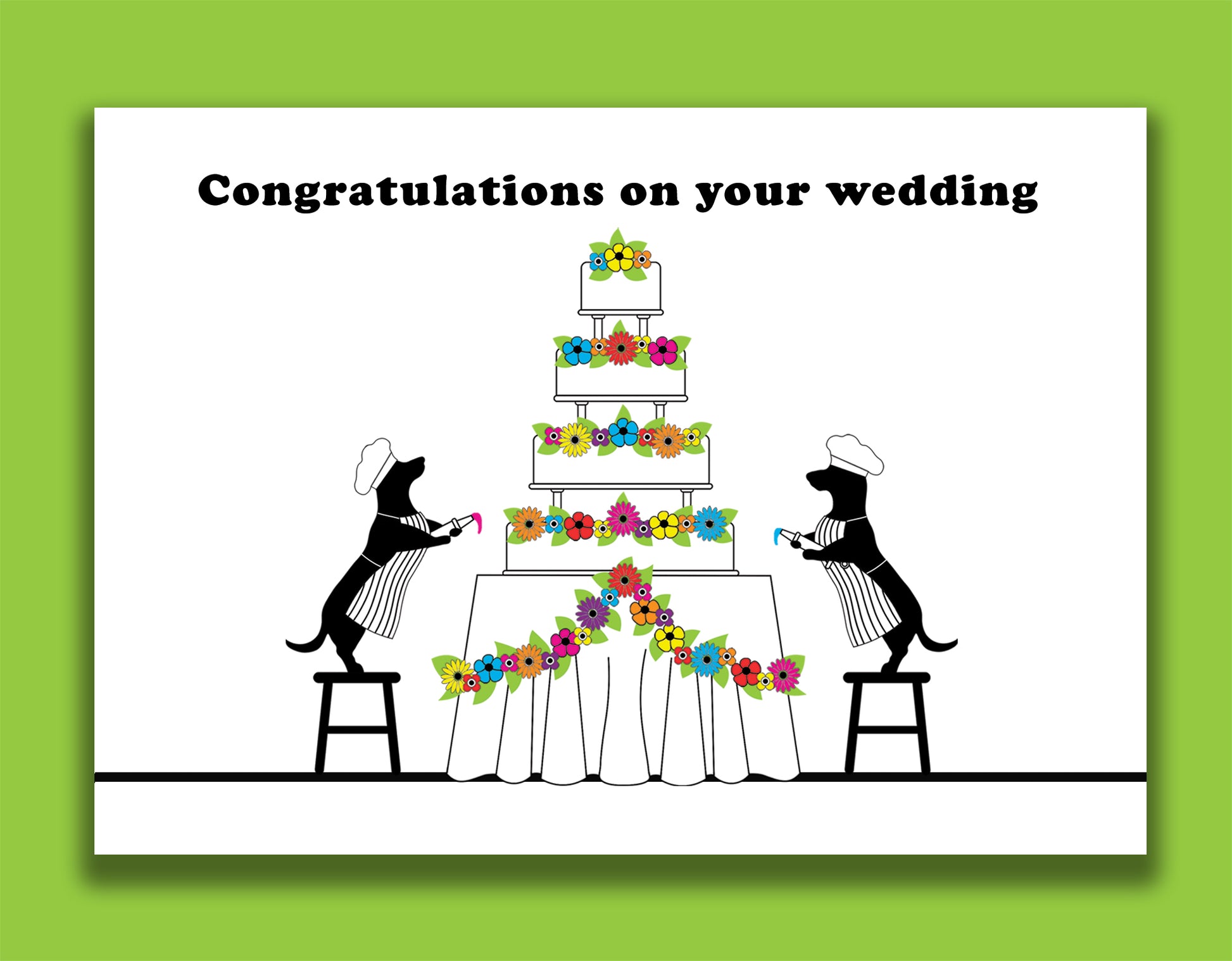 A fun new home card featuring dachshunds, Mali & Penny.  This wedding card shows them decorating a huge wedding cake.  