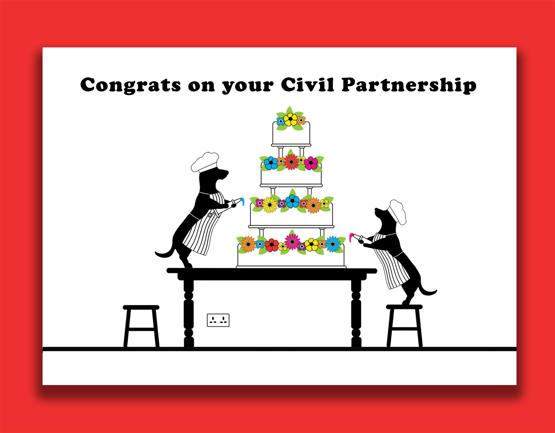 A fun new home card featuring dachshunds, Mali & Penny.  This wedding card shows them decorating a huge civil partnership cake. 