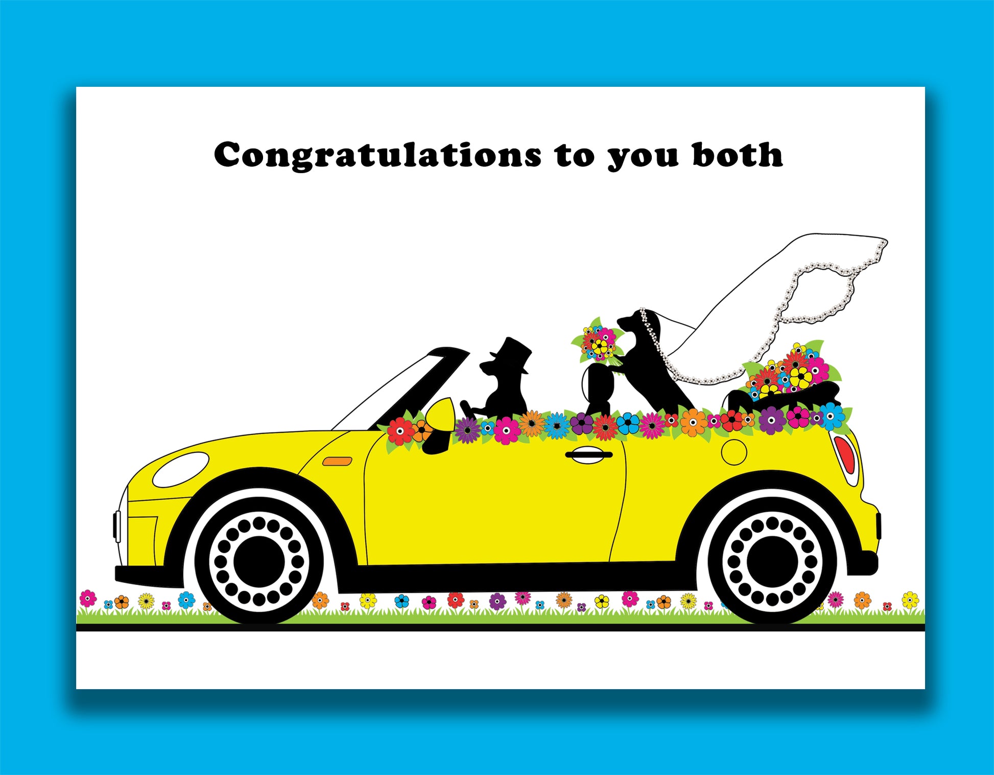 A fun new home card featuring dachshunds, Mali & Penny.  This wedding card shows them driving away in their lovely yellow convertible mini after just getting married.